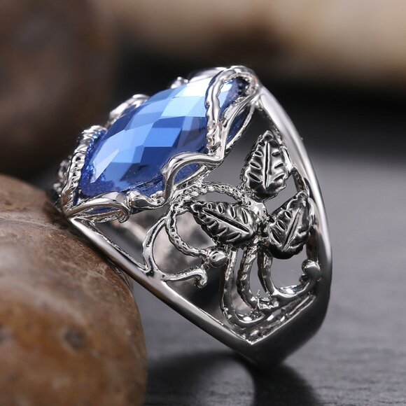 Double Layer Blue Marquis Carved Zircon Vintage Rings for Women, PD011 - Picture 6 of 9
